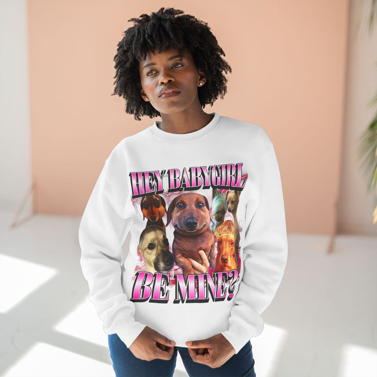 Hey Babygirl, Be Mine? Dog Meme Sweatshirt, Silly Romantic Unisex Jumper
